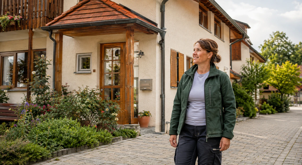 Symbolische Darstellung einer erfahrenen Facharbeiterin vor einem bayerischen Wohnhaus.