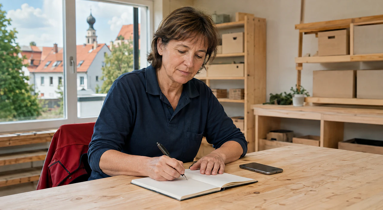 Symbolische Terminvorbereitung einer Facharbeiterin mit Notizbuch.